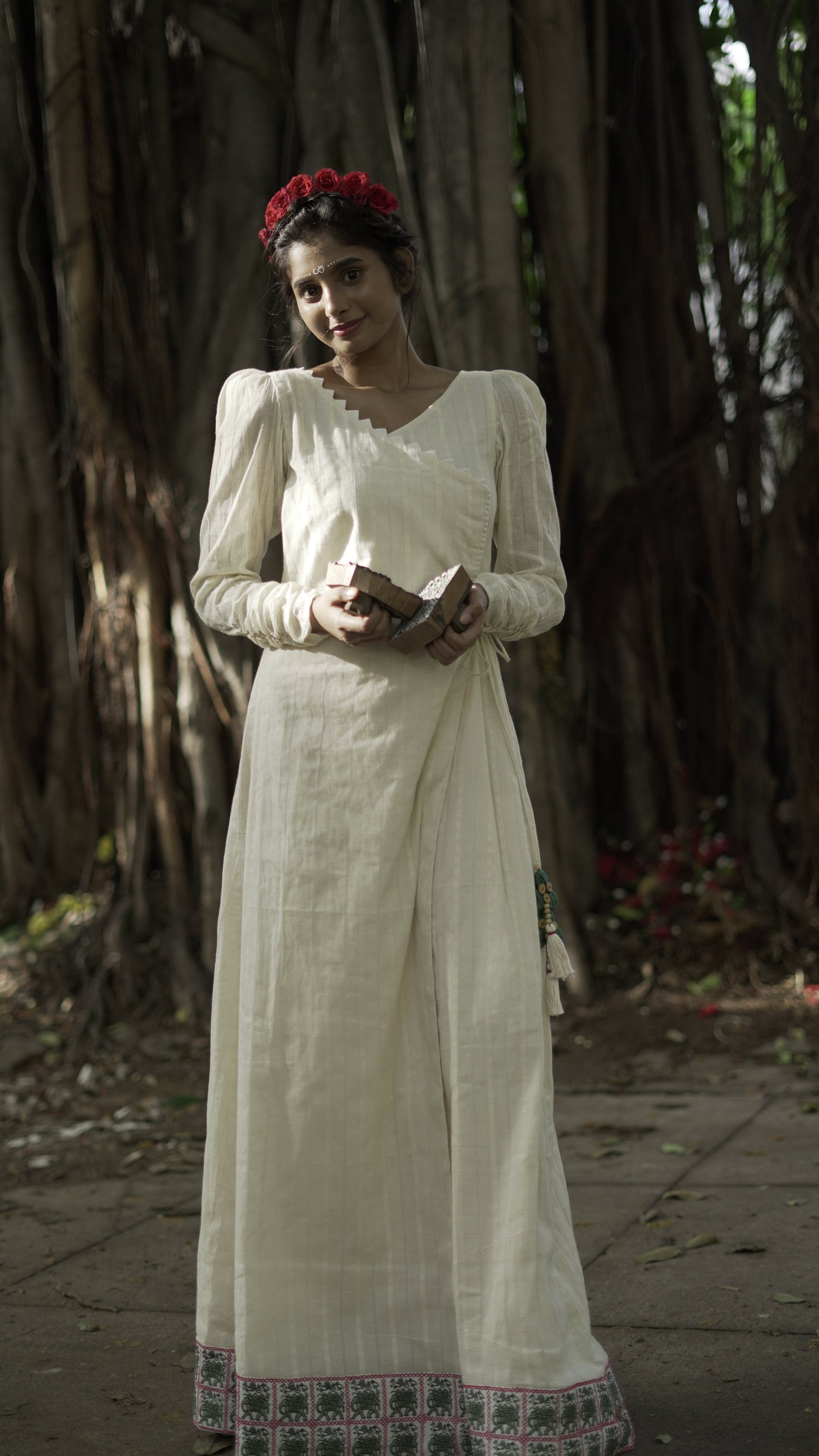 White Angrakha Cotton Dress (Wrap) with Embroidered Border by AnKa